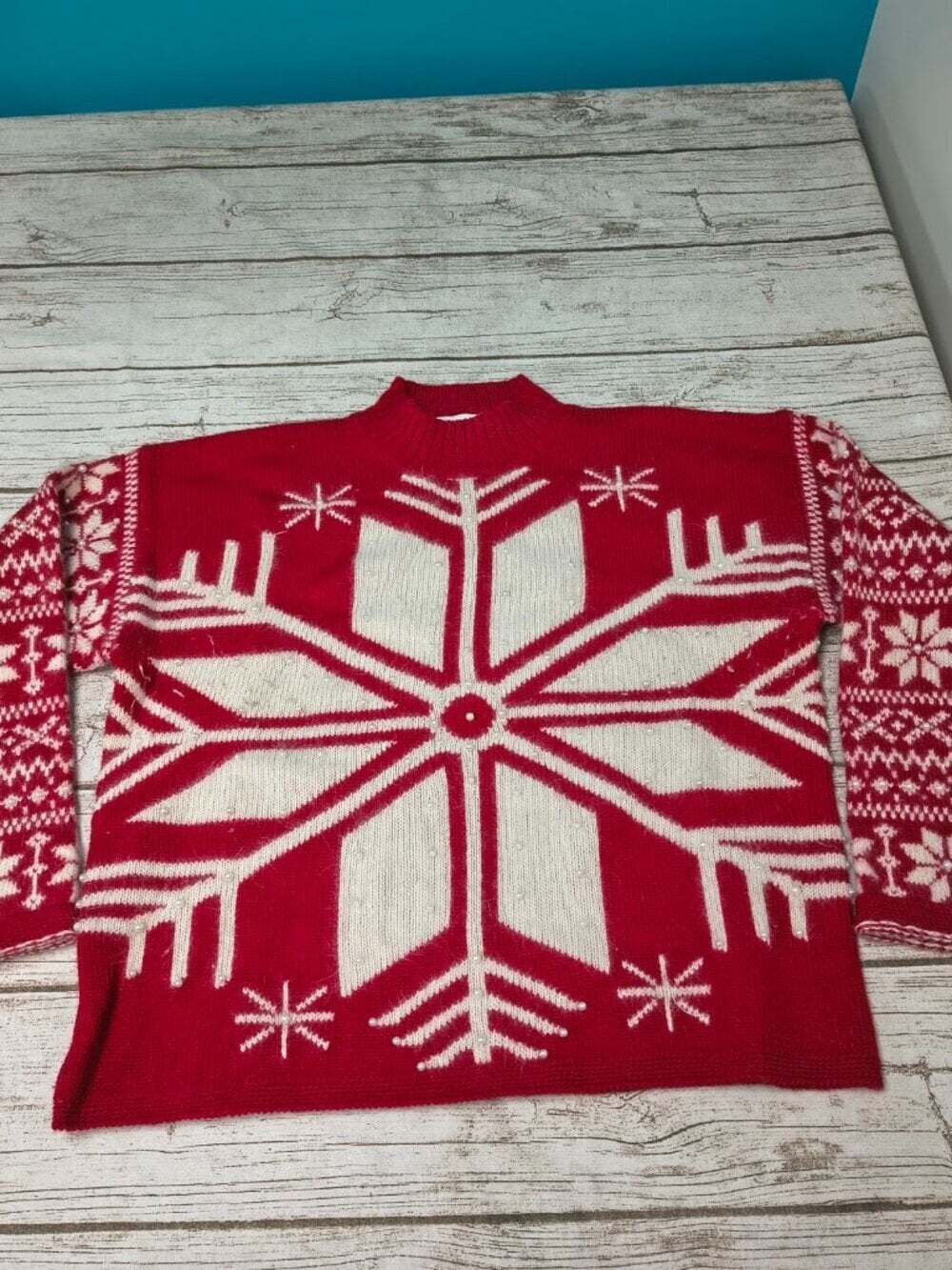 Vintage Knitting Needles Pearl Embellished Angora Snowflake Sweater Red Small